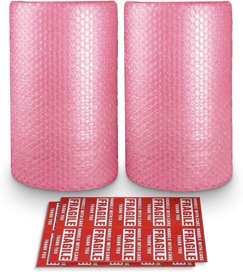 Pacific Mailer 2-Pack Anti-Static Bubble Cushioning Wrap Rolls, 3/16" x 12" x 72' ft Total, Perforated Every 12", 20 Fragile Stickers for Packaging, Shipping, Mailing - Image 1